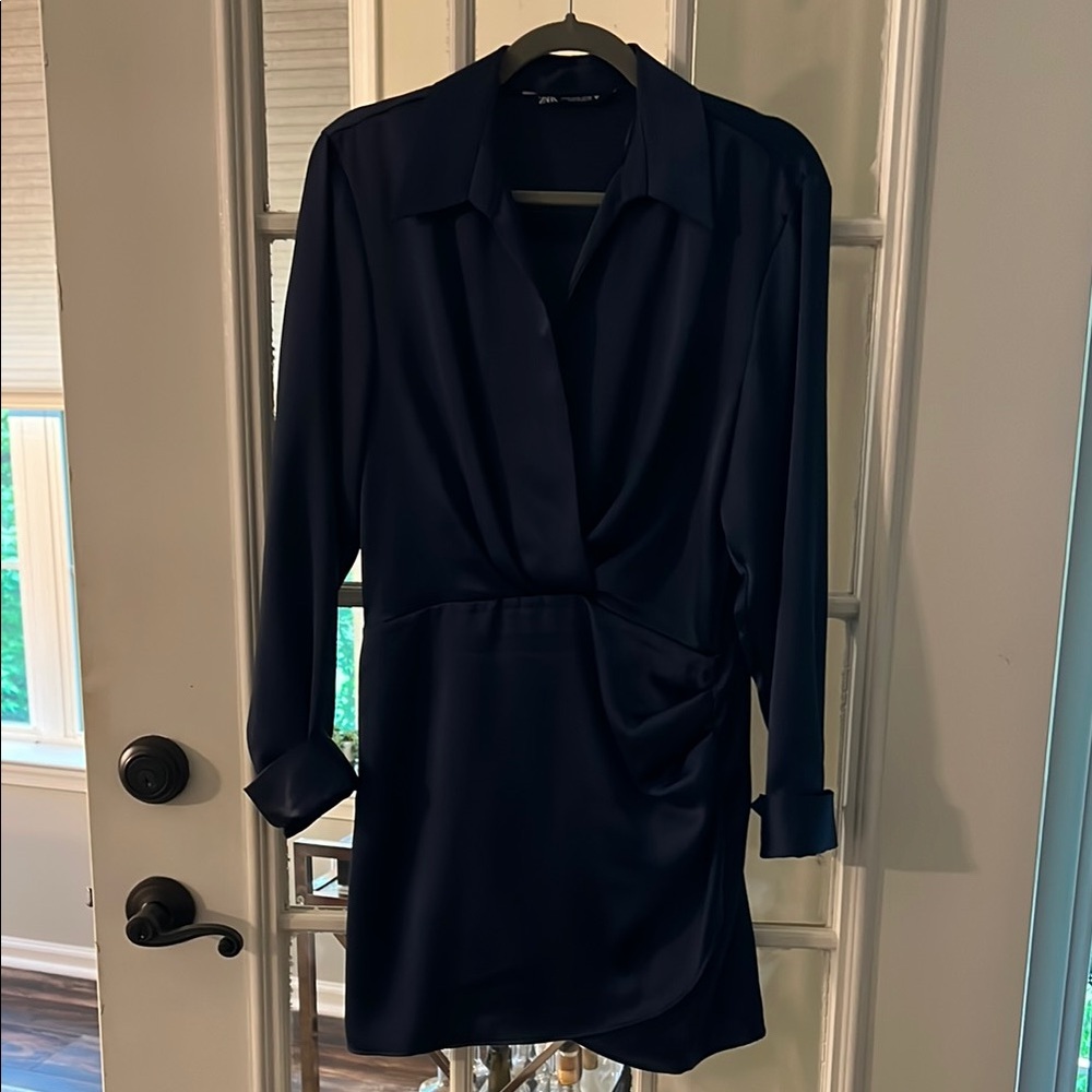 Zara Blue Ruched Sheath Dress with Notched Collar